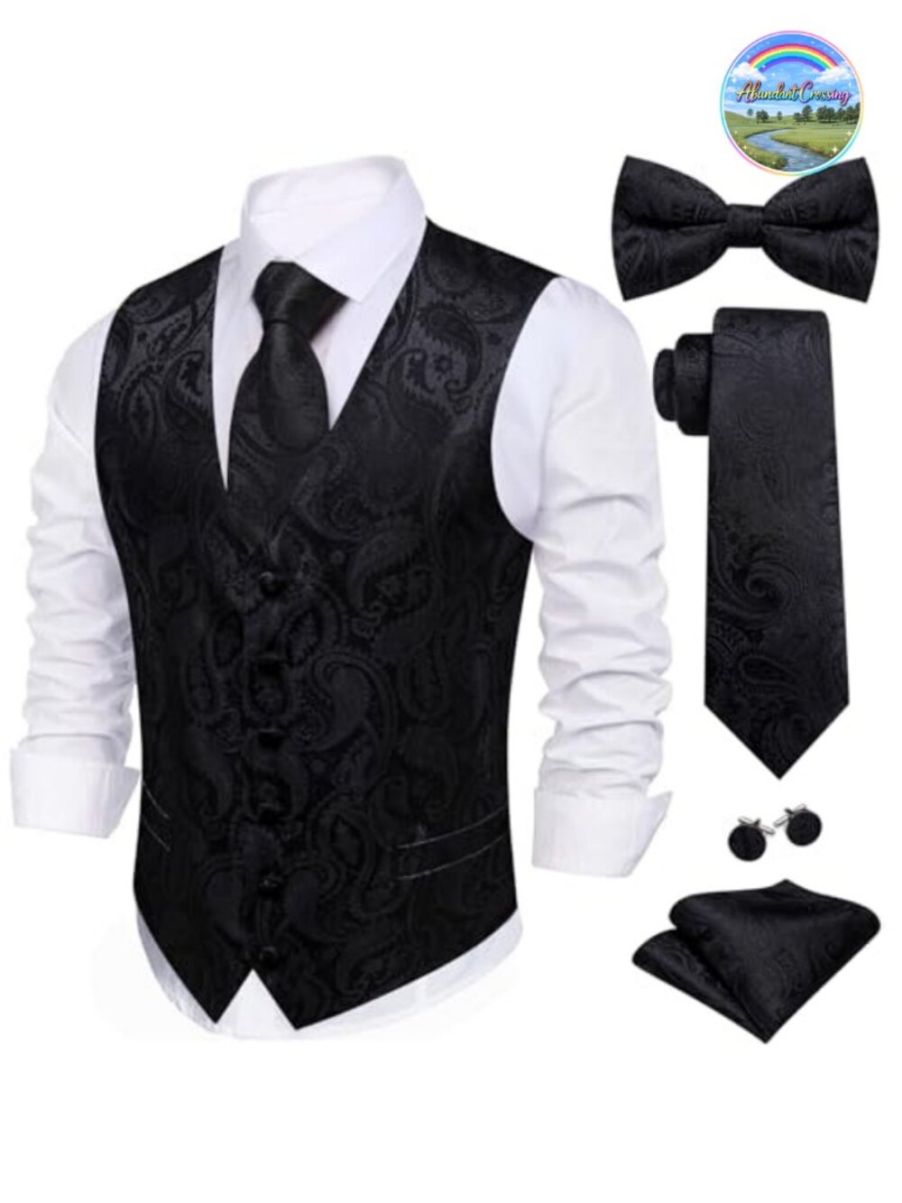 Men's Suit Vest Set 7PCS Tie Bowtie Hanky Cufflinks Brooch Clip